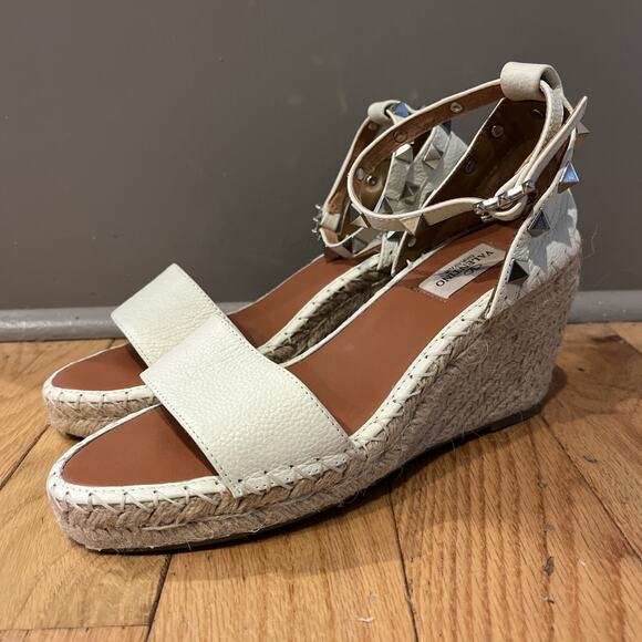 VALENTINO GARAVANI Rockstud Double Leather Wedge Espadrille Sandals Sz 39 / 9 - Picture 3 of 13